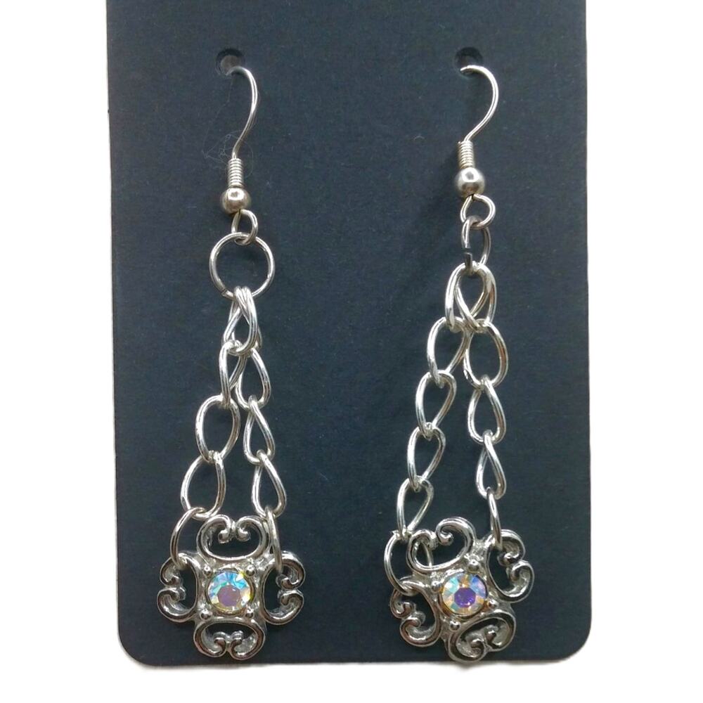 Chain Dangle Chandelier Earrings Silver Tone Iridescent Flower Filigree Goth